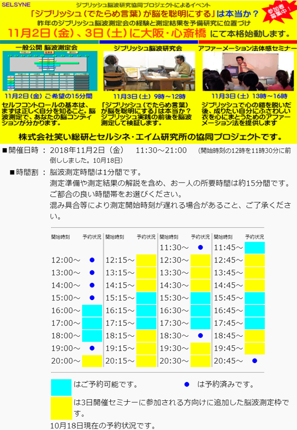11月3日（土）に大阪で開催する「ジブリッシュ脳波研究会」の参加申込みが満席となったため、ジブリッシュ体験及び脳波測定を前日の2日にも設定しました。測定結果の発表と解説、アファーメーション法体感セミナーは3日のみです。両日に参加できる方、是非！