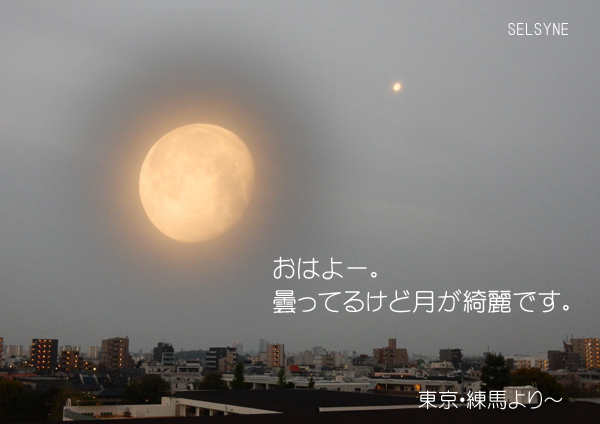 おはよー。曇ってるけど月が綺麗です。東京・練馬より～