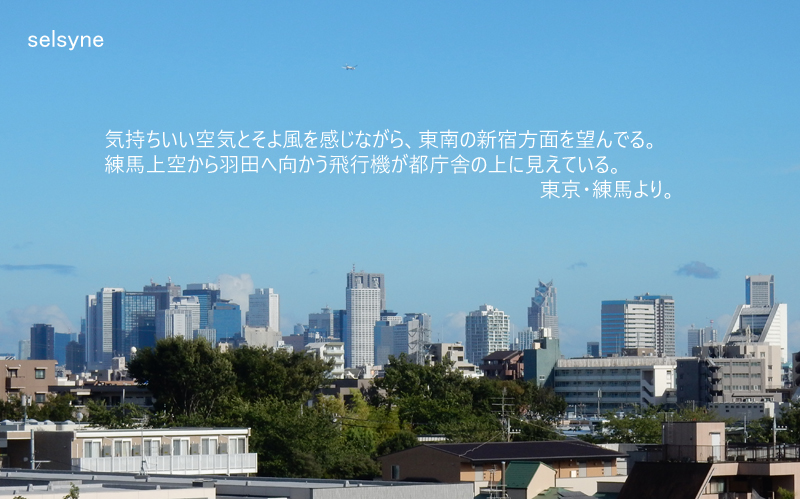 気持ちいい空気とそよ風を感じながら、東南の新宿方面を望んでる。練馬上空から羽田へ向かう飛行機が都庁舎の上に見えている。東京・練馬より。